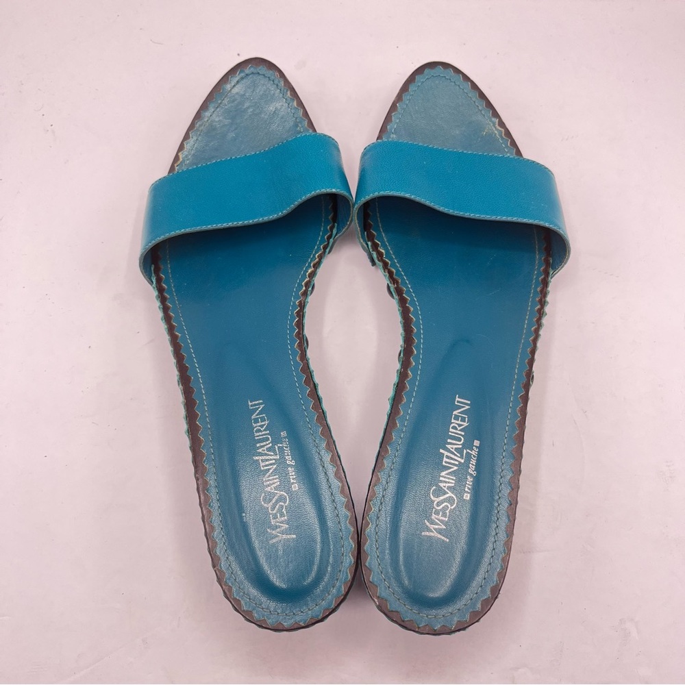 YSL Vintage Women’s 41 Yves Saint Laurent Blue/Green Leather Slide Sandals Italy - Picture 11 of 14